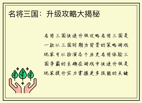 名将三国：升级攻略大揭秘